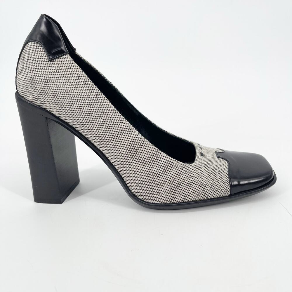 Prada Vintage 90s Black Leather Trim Gray Fabric Square Toe Block Heels IT 38 - Picture 2 of 10